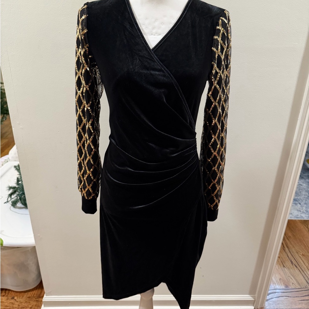 Black Velvet Wrap Dress with Gold Accent Sleeves